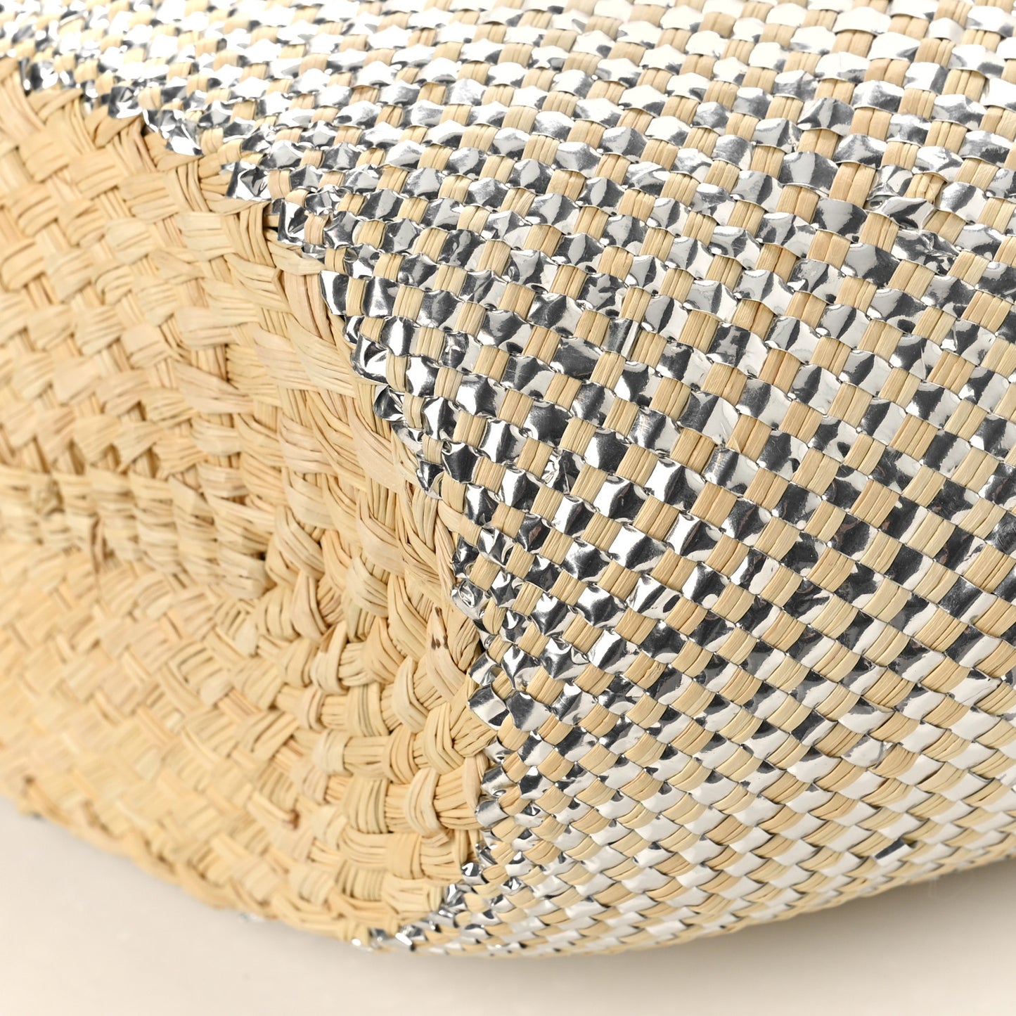 Calfskin Raffia Paulas Ibiza Sparkling Metallic Anagram Basket Tote Bag Natural Silver
