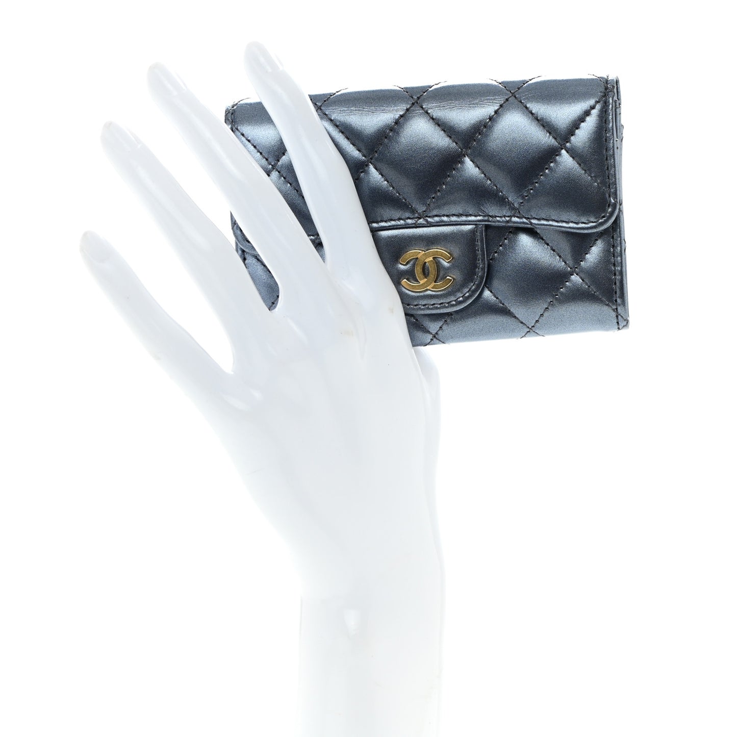 Metallic Lambskin Quilted Flap Card Holder Wallet Dark Blue