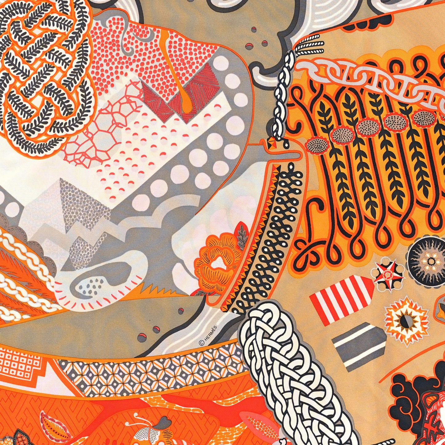 Silk Twill Duo Cosmique Scarf 90 Caramel Orange Gris