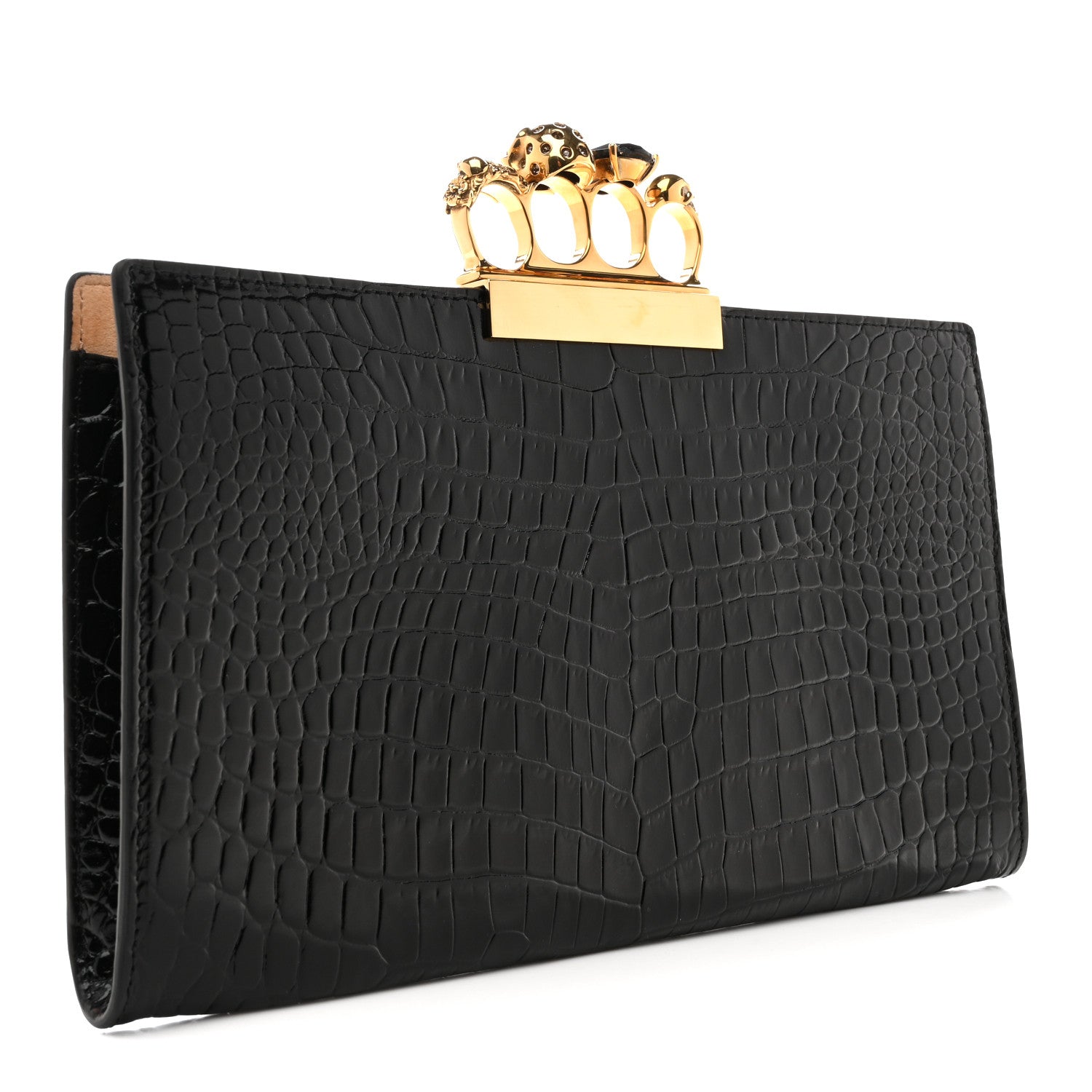 Alexander McQueen Calfskin Crocodile Embossed Knuckle Flat Clutch Black Gold 3 of 8