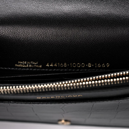 Balenciaga Calfskin Crocodile Embossed Classic Silver Hardware Wallet on Chain Black 6 of 9
