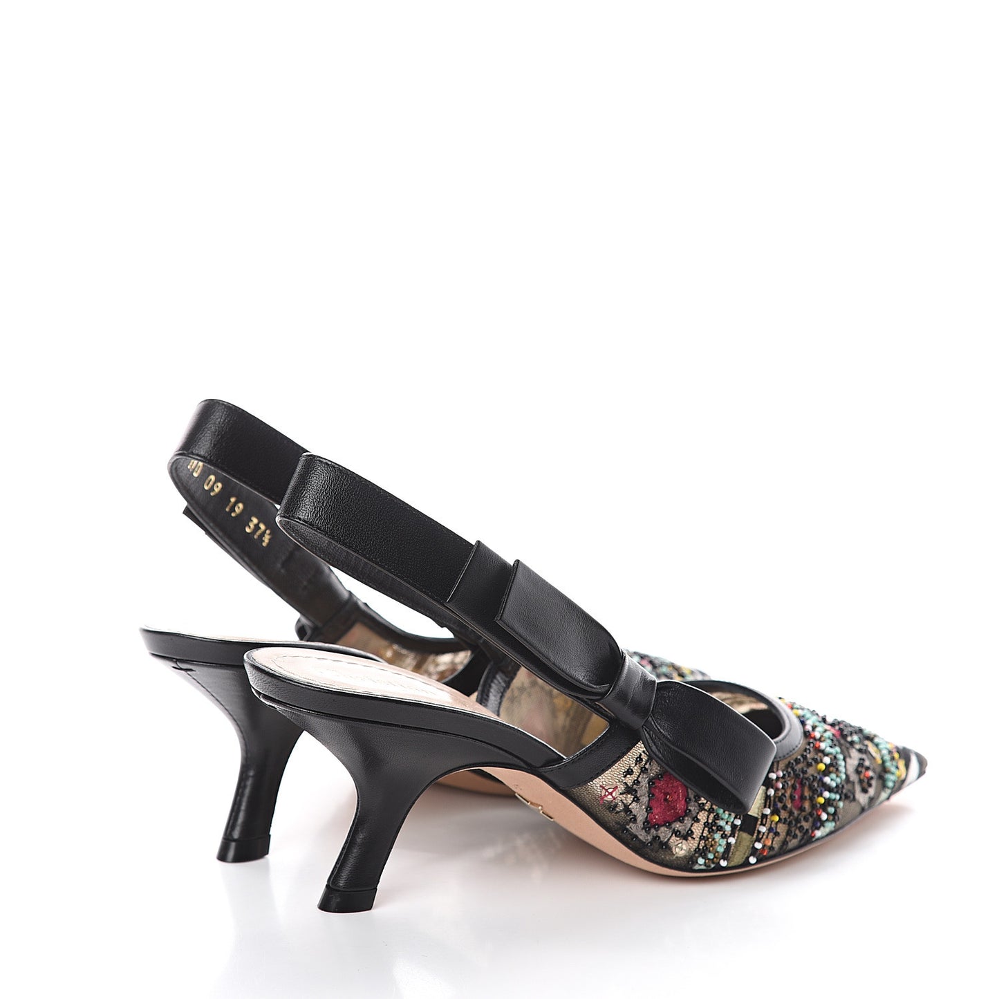 Calfskin Embroidered Beaded Sweet D Slingback Pumps 37.5 Black Turquoise