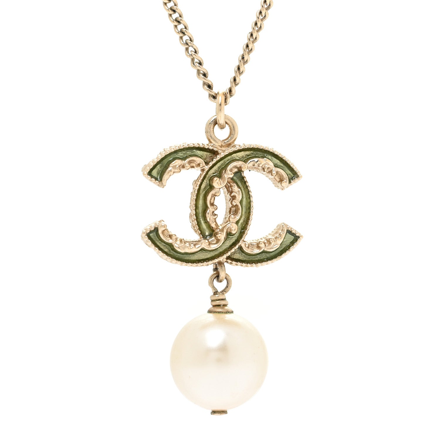 Chanel Crystal CC Pearl Drop Necklace Gold 4 of 5