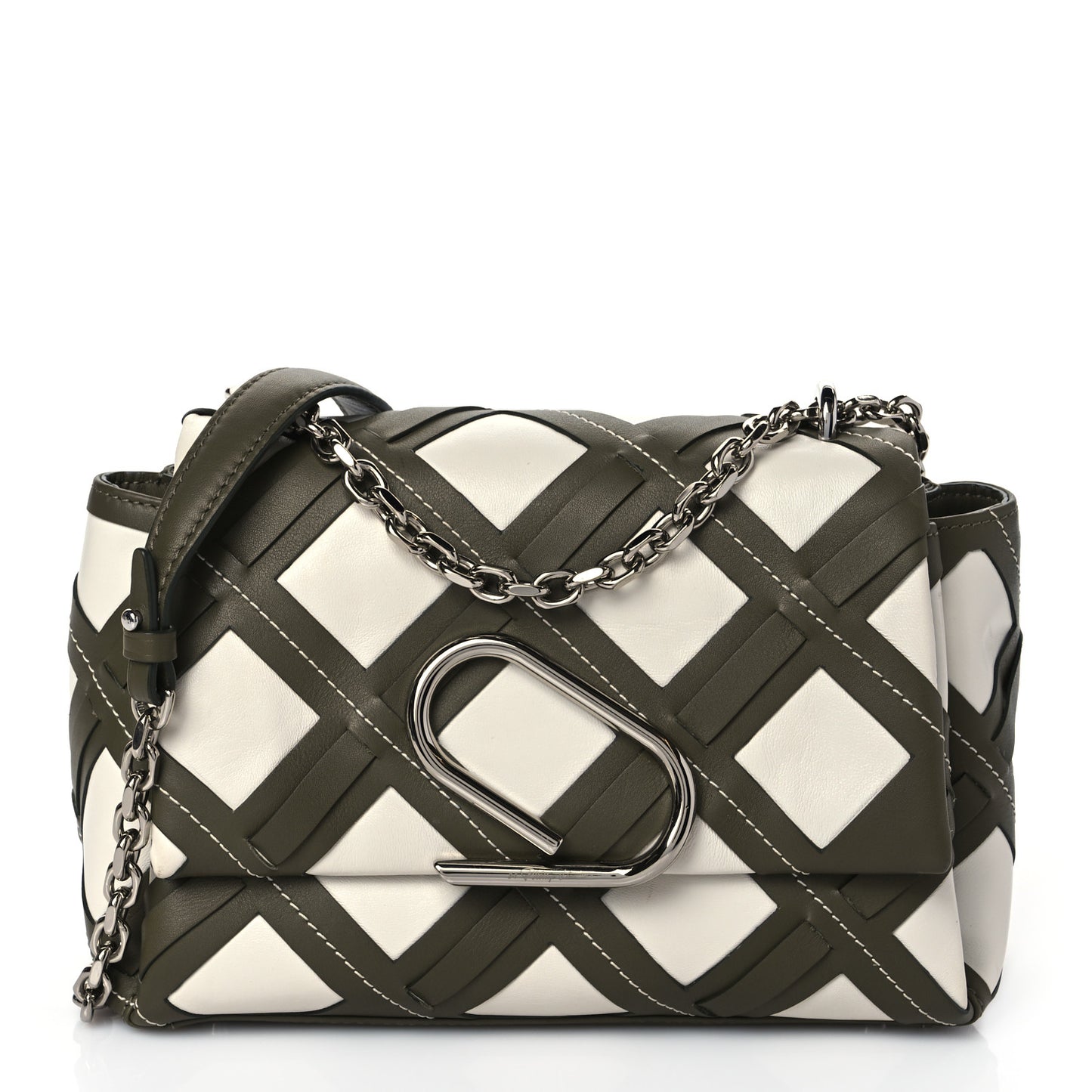 Calfskin Cutout Alix Flap Shoulder Bag Military Green White