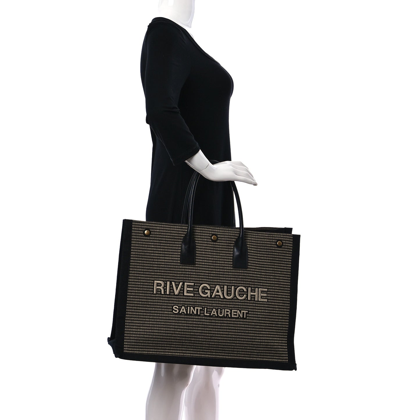 Embroidered Cotton Linen Rive Gauche Noe Tote Black Beige