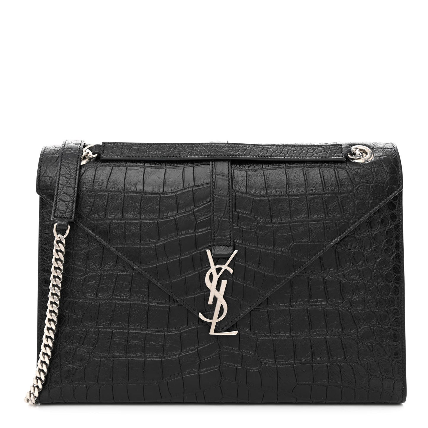 Calfskin Crocodile Embossed Large Monogram Envelope Chain Shoulder Bag Black