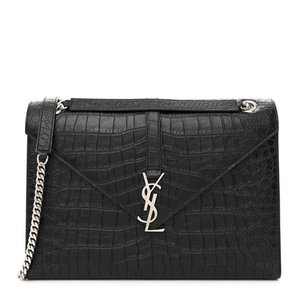Saint Laurent Calfskin Crocodile Embossed Large Monogram Envelope Chain Shoulder Bag Black 1 of 10