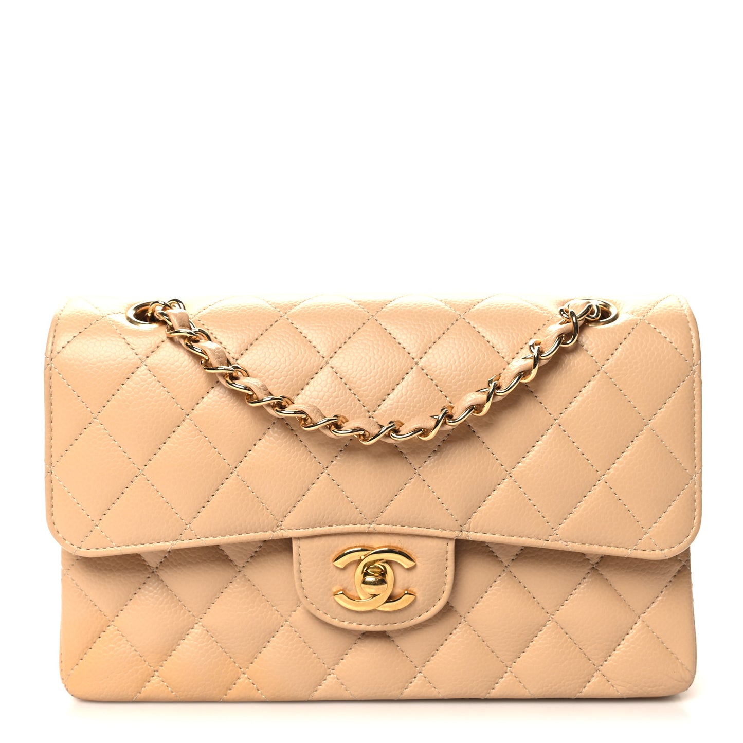 Caviar Quilted Small Double Flap Beige