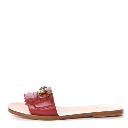 Gucci Malaga Kid Fringe Horsebit Slide Sandals 37.5 Hibiscus Red 1 of 8