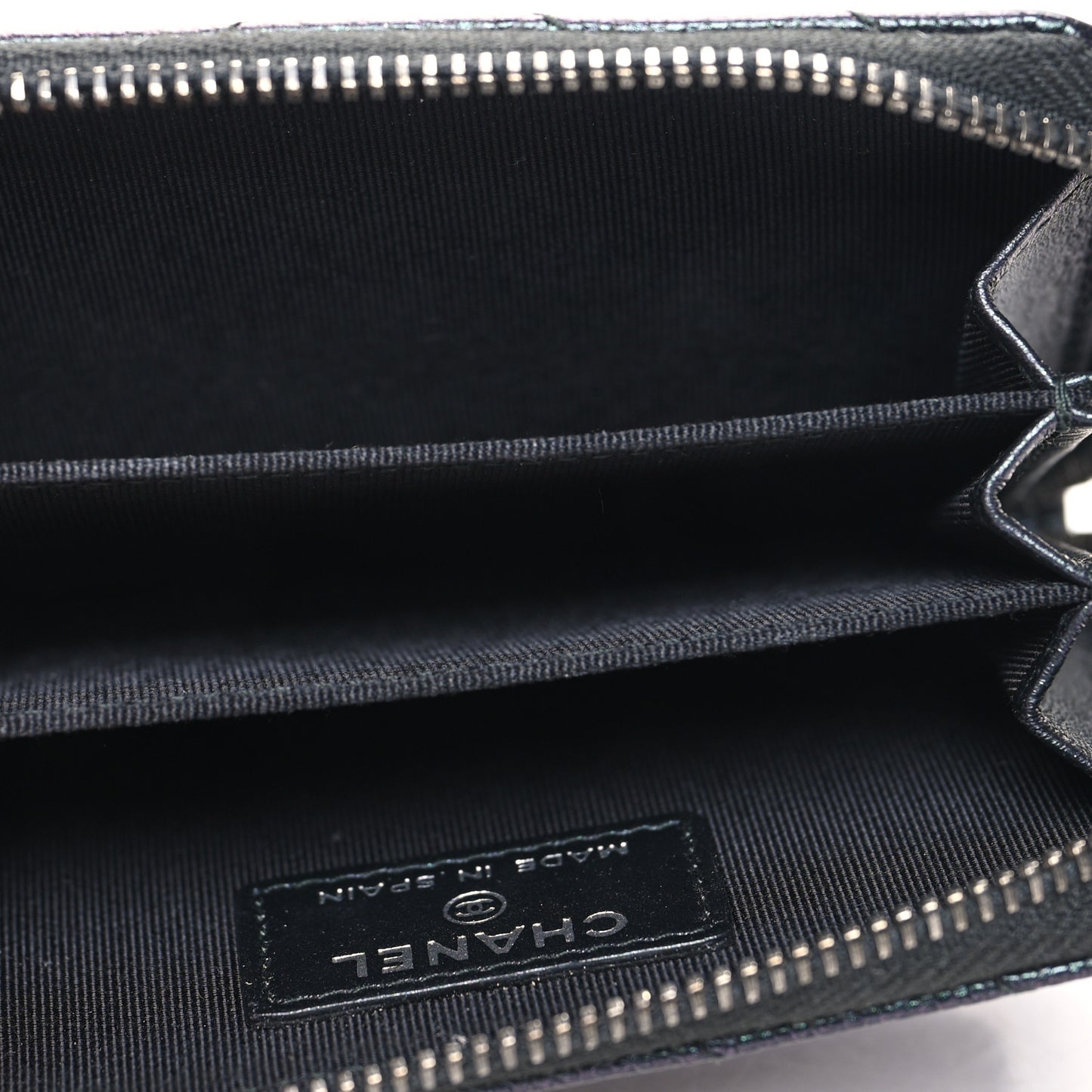 Iridescent Caviar Chevron Quilted Zip Around Coin Purse Black