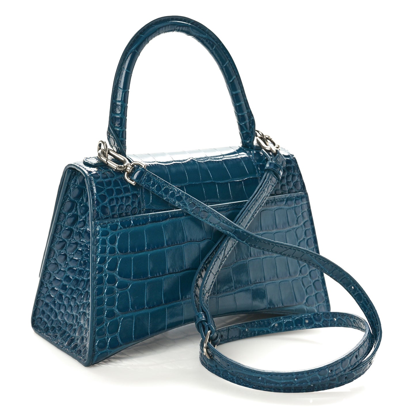 Shiny Calfskin Crocodile Embossed Small Hourglass Top Handle Bag Dark Petrol Blue
