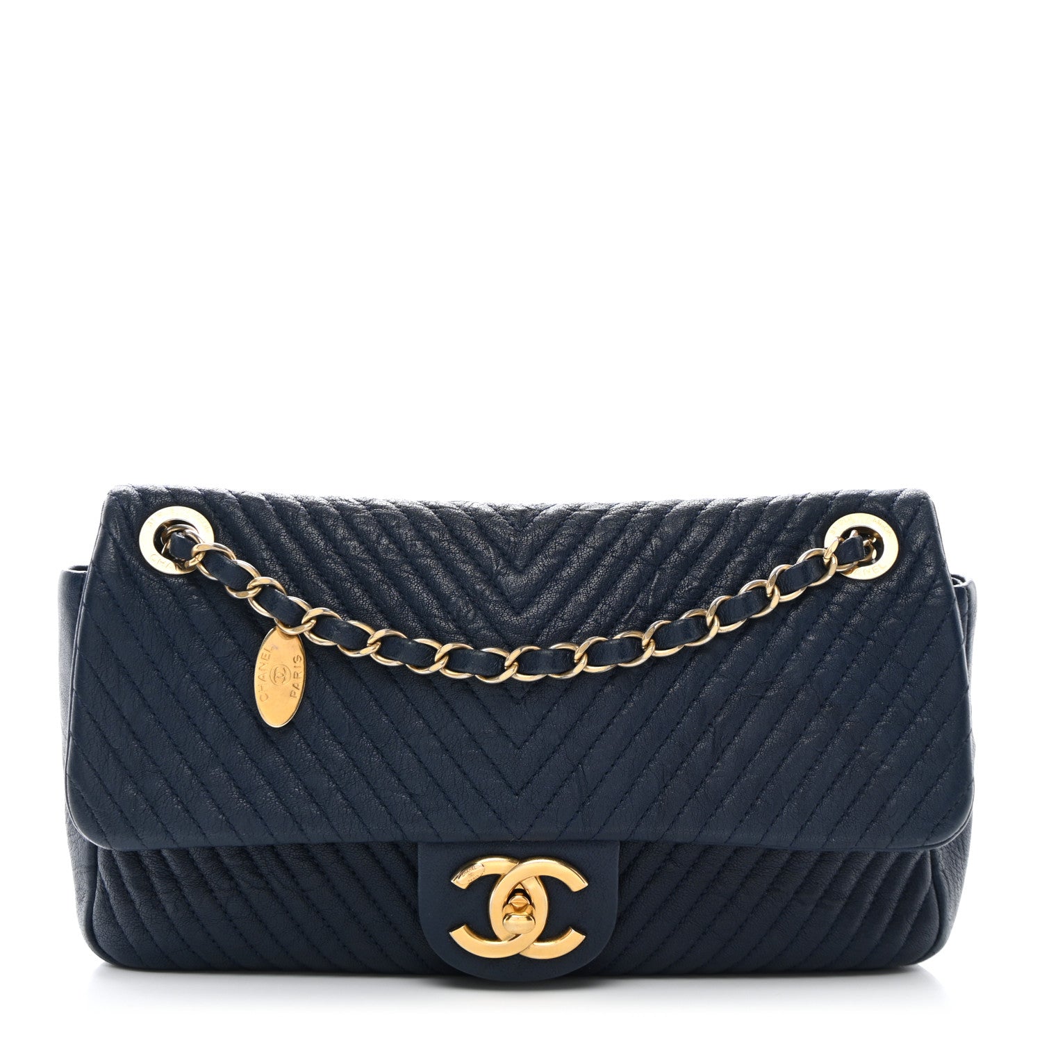 Chanel Calfskin Surpique Chevron Medium Flap Navy 1 of 10