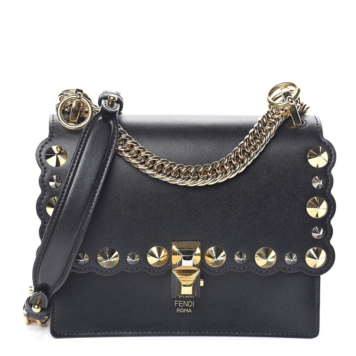 Vitello Liberty Metal Scalloped Multi Studded Small Kan I Shoulder Bag Black