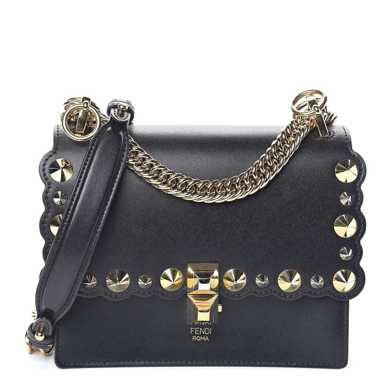 Fendi Vitello Liberty Metal Scalloped Multi Studded Small Kan I Shoulder Bag Black 1 of 9