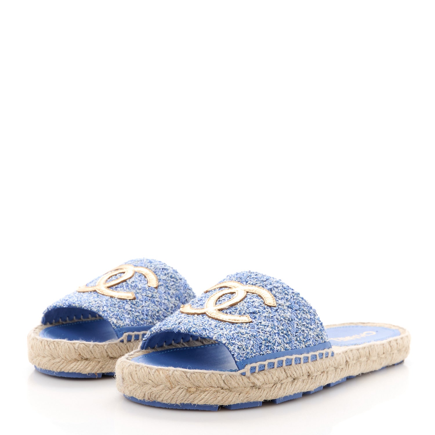 Chanel Tweed Laminated Lambskin CC Slide Sandals 38 Blue Gold 3 of 9