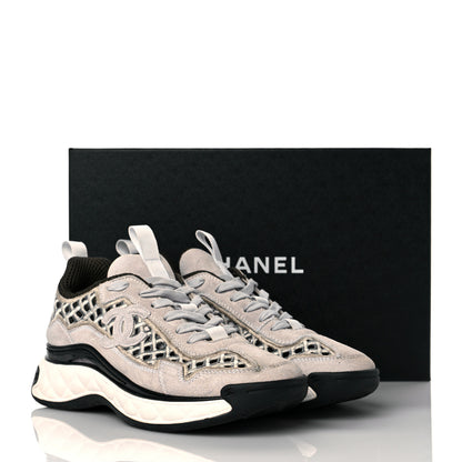 Chanel Suede Calfskin Embroidered CC Sneakers 37 Ecru Light Gray 9 of 9