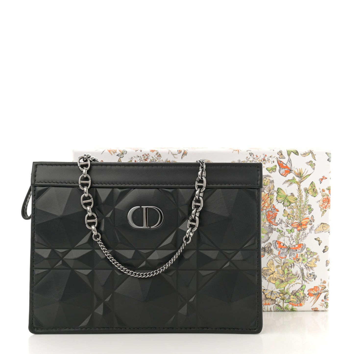 Calfskin Macrocannage Diamond Caro Zipped Pouch With Chain Black