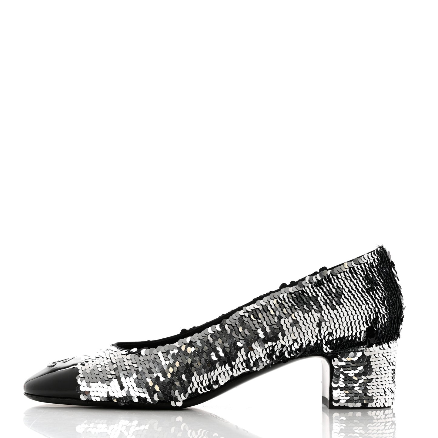 Sequin Patent Calfskin CC Pumps 40 Black Silver