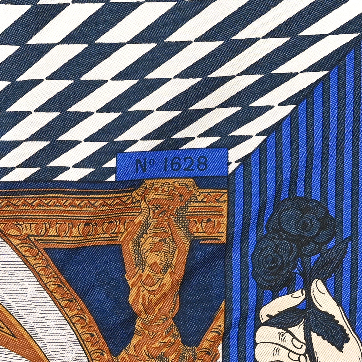 Hermes Silk Twill Grand Theatre Nouveau Scarf 90 Bleu Royal Mordore White 3 of 4