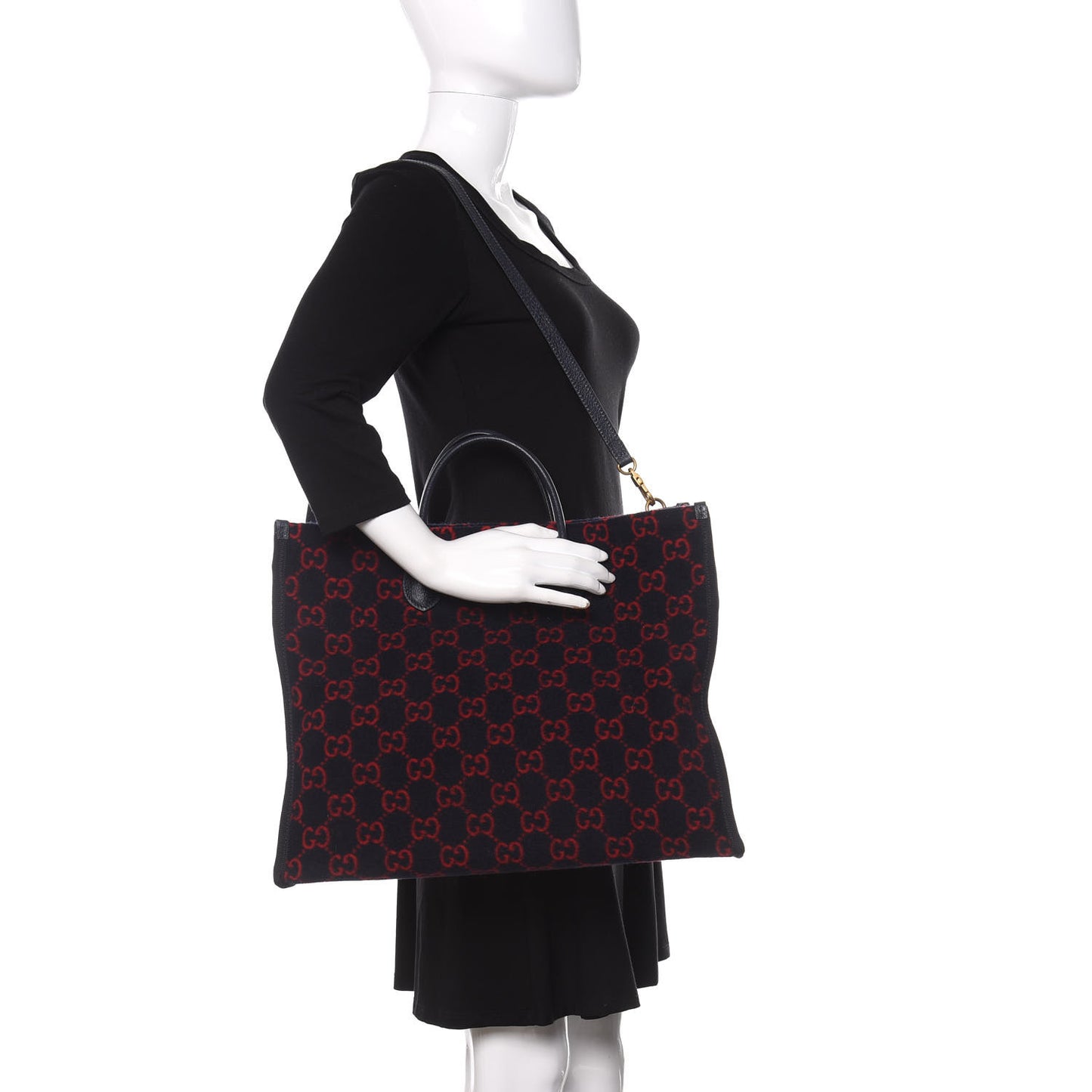 Covered Wool Textured Dollar Calfskin GG Monogram Large Tote Bag Blue Red