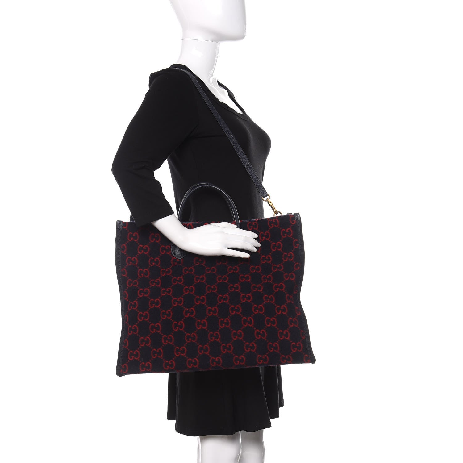Gucci Covered Wool Textured Dollar Calfskin GG Monogram Large Tote Bag Blue Red 2 of 10