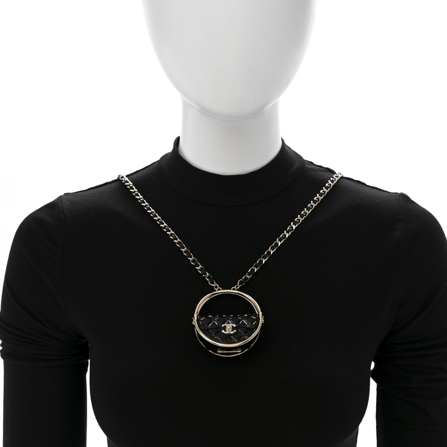 Metal Resin Quilted Flap Bag Hoop Mirror Necklace Black Gold