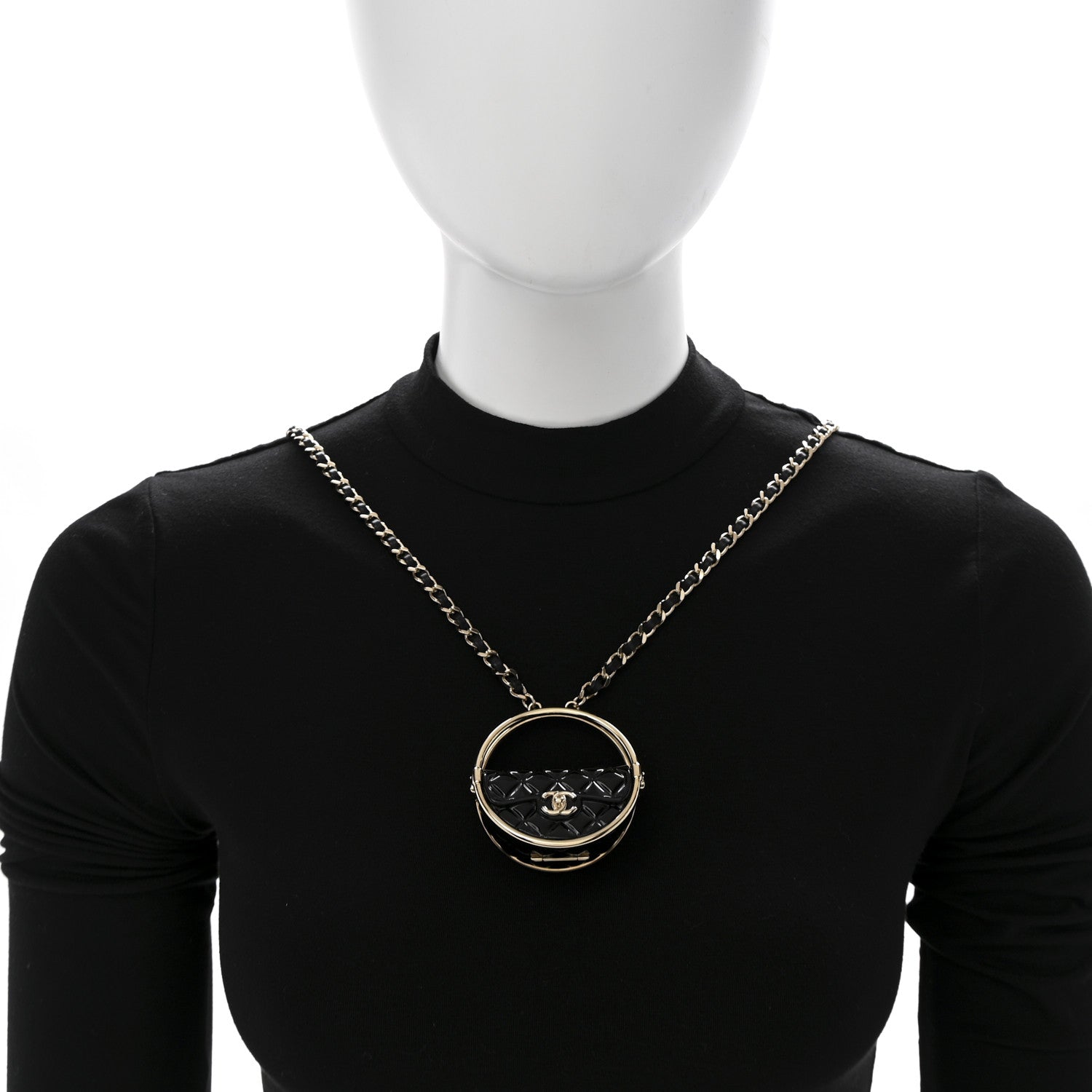 Chanel Metal Resin Quilted Flap Bag Hoop Mirror Necklace Black Gold 2 of 7