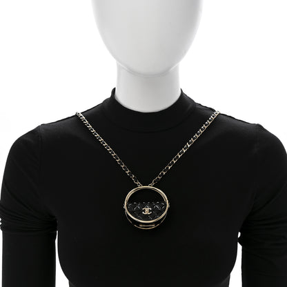 Chanel Metal Resin Quilted Flap Bag Hoop Mirror Necklace Black Gold 2 of 7