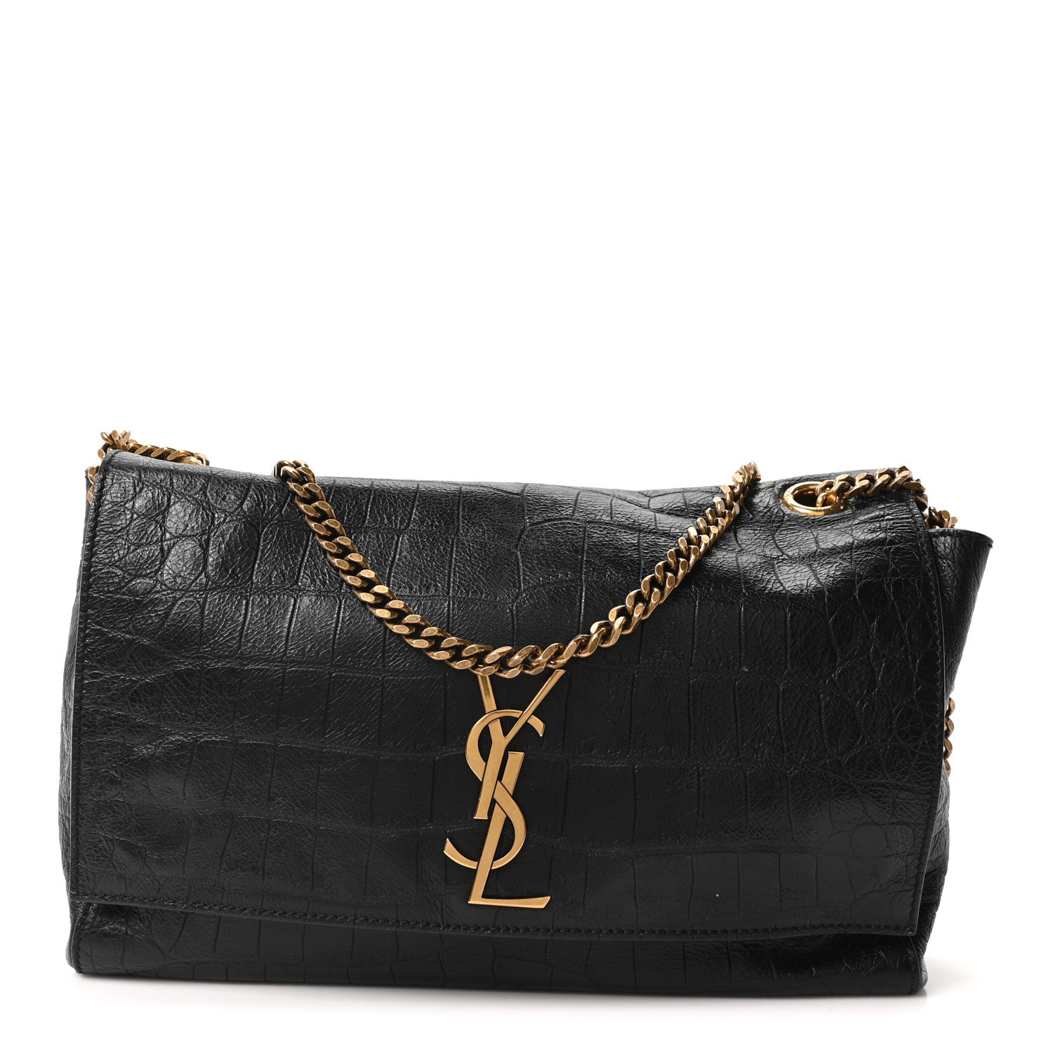 Saint Laurent Calfskin Crocodile Embossed Suede Medium Reversible Monogram Kate Satchel Military Taupe 1 of 10