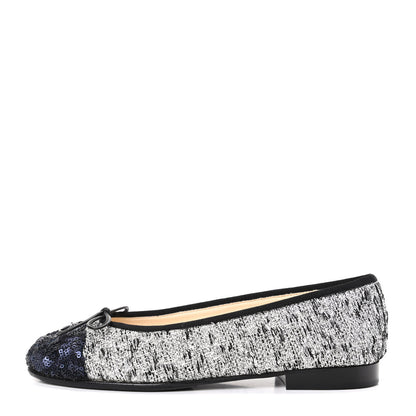 Chanel Tweed Sequin Cap Toe Ballerina Flats 36.5 Black Blue 1 of 11