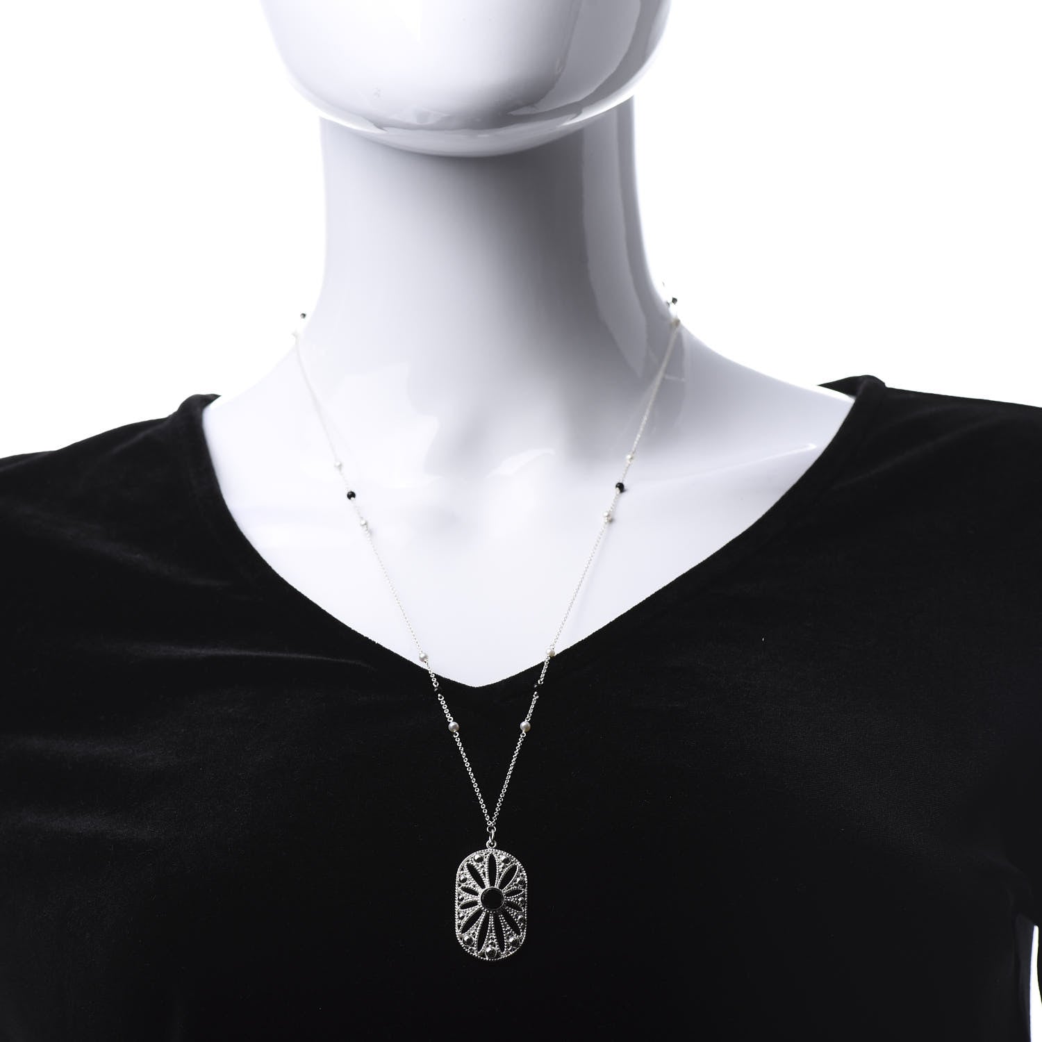 Tiffany Sterling Silver Black Onyx Pearl Ziegfeld Daisy Pendant Necklace 2 of 6