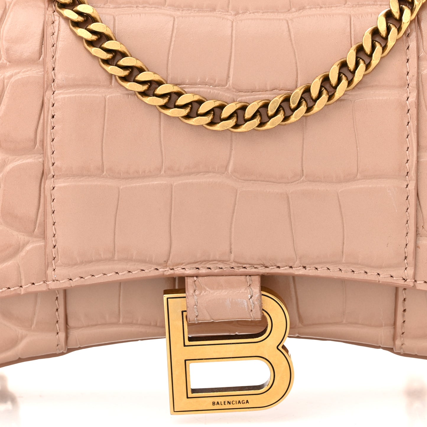 Shiny Calfskin Crocodile Embossed Hourglass Chain Bag Nude Beige