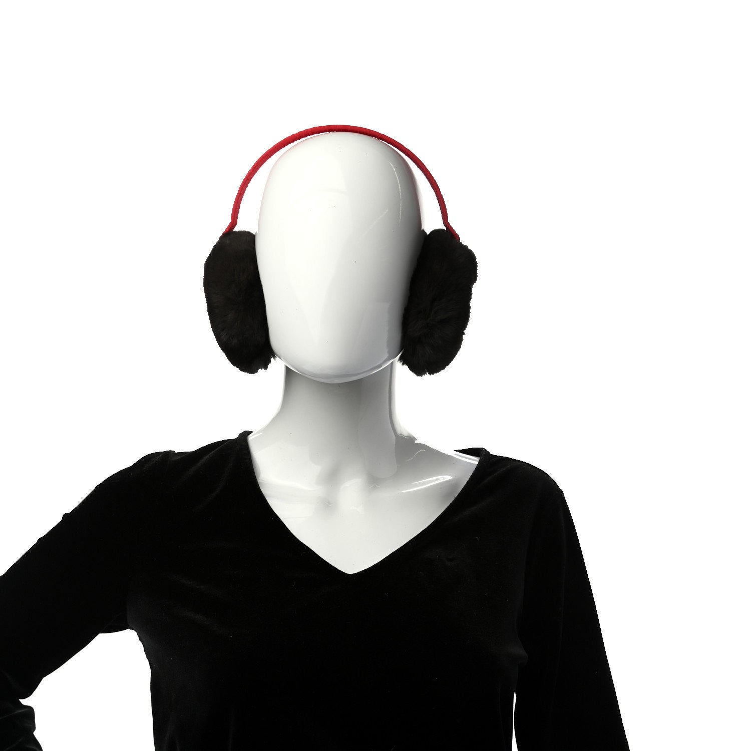 Chanel Rabbit Fur CC Ear Muffs Black Red 2 of 4