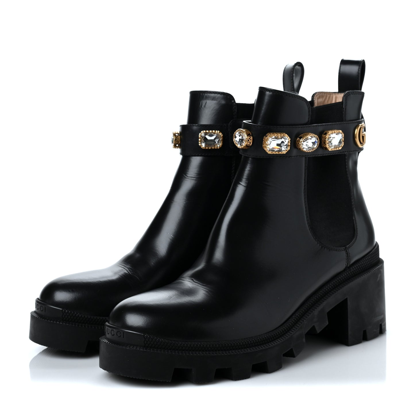 Calfskin Crystal GG Trip Chelsea Ankle Boots 38.5 Black