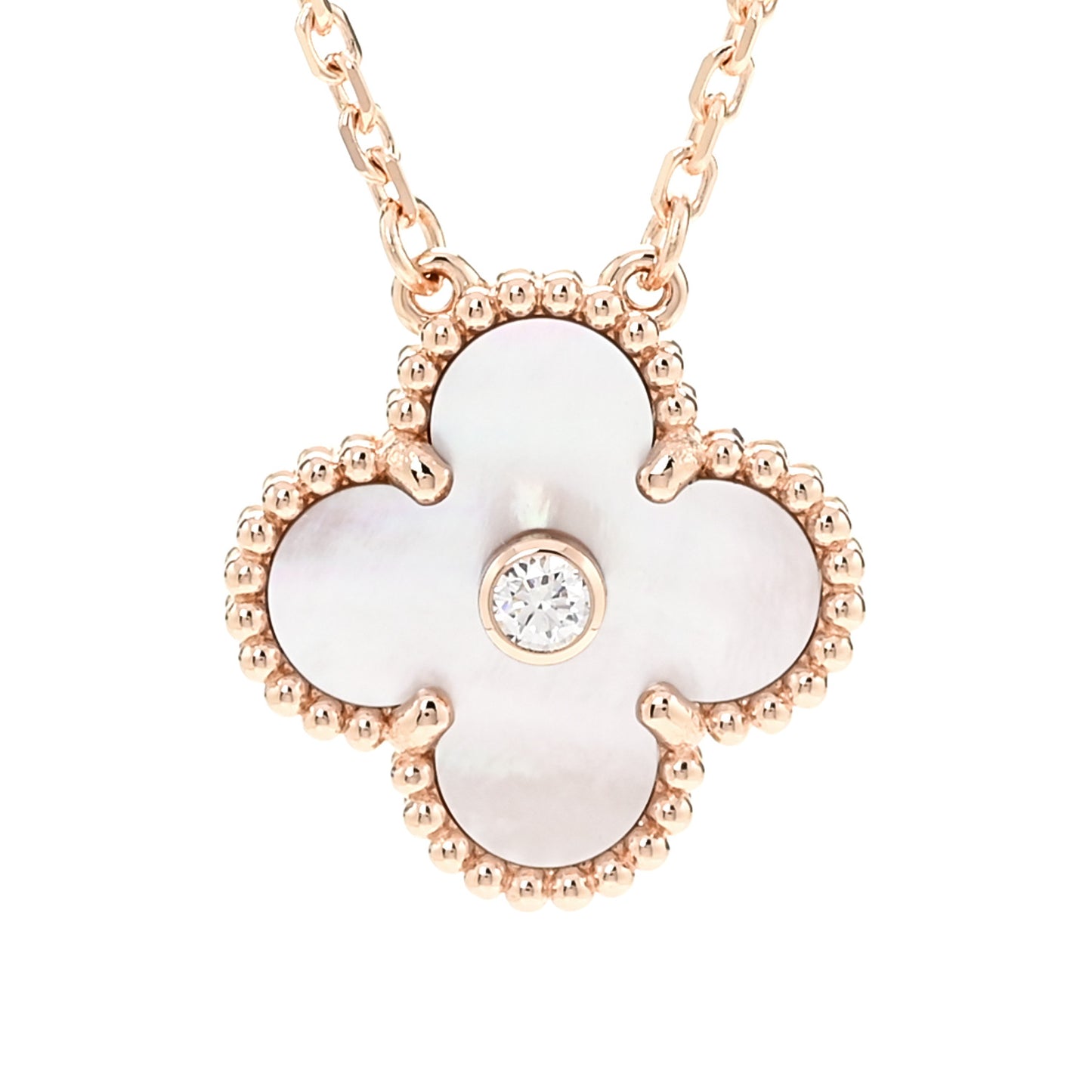 18K Rose Gold Diamond Pink Mother of Pearl Vintage Alhambra Pendant Necklace