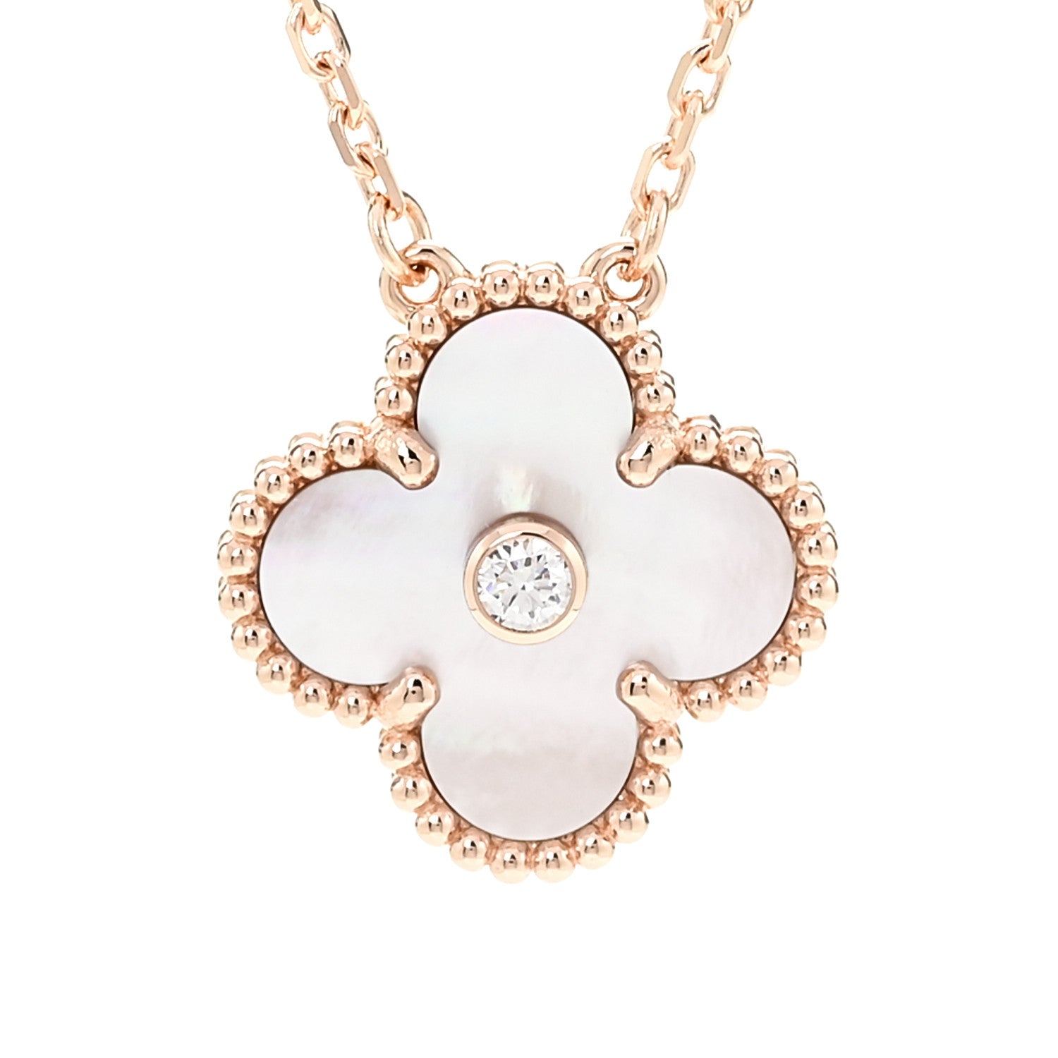 Van Cleef & Arpels 18K Rose Gold Diamond Pink Mother of Pearl Vintage Alhambra Pendant Necklace 4 of 8