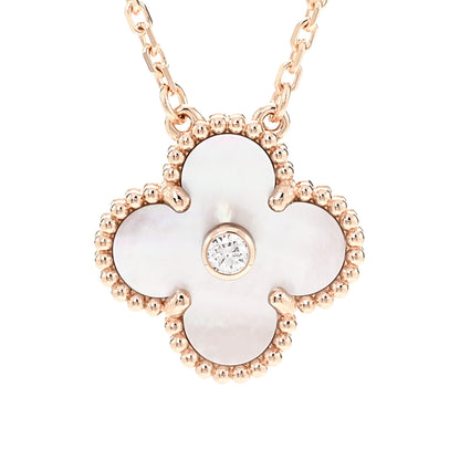 Van Cleef & Arpels 18K Rose Gold Diamond Pink Mother of Pearl Vintage Alhambra Pendant Necklace 4 of 8