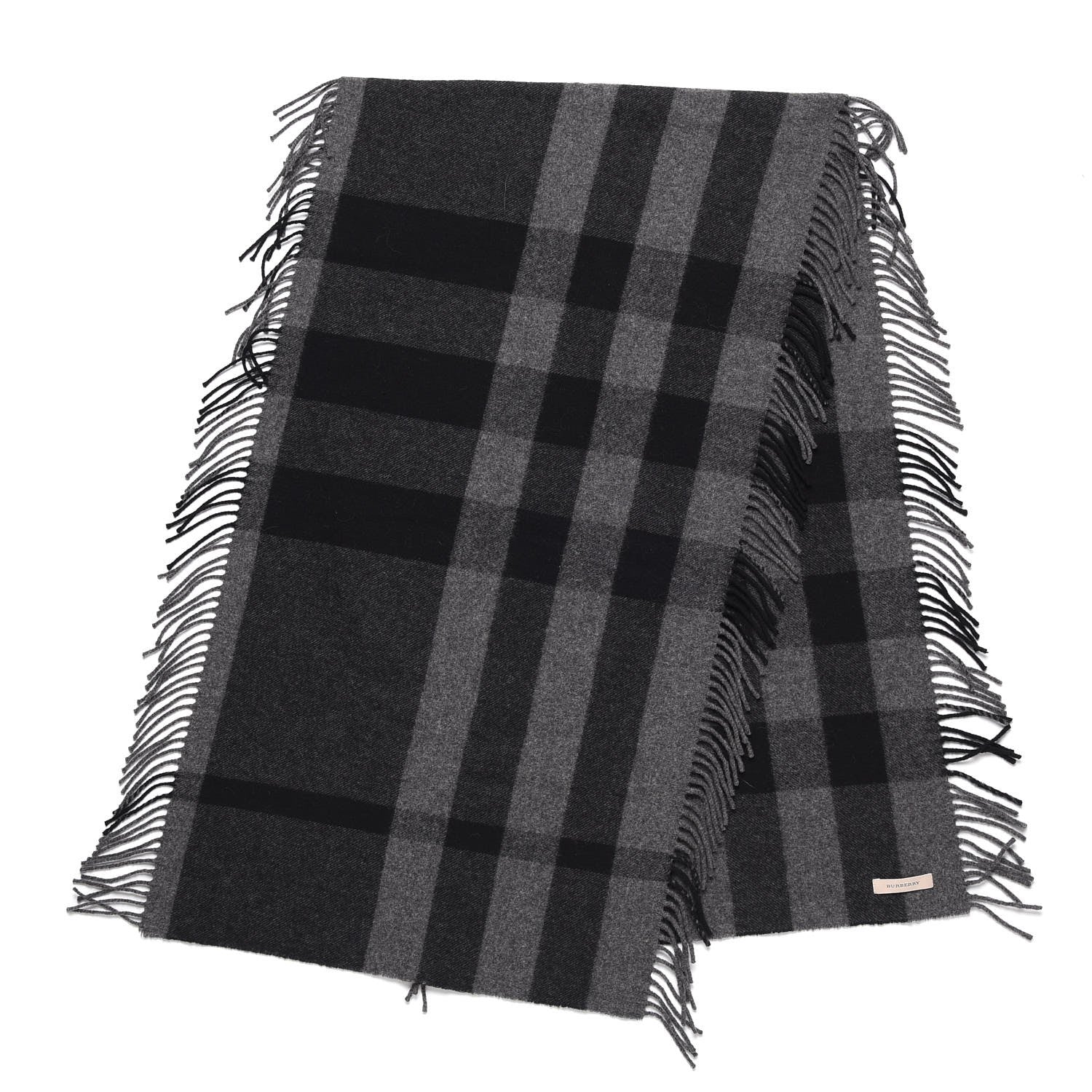 Burberry Merino Wool Half Mega Check Fringe Scarf Black Grey 3 of 7
