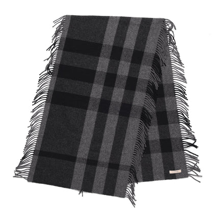 Burberry Merino Wool Half Mega Check Fringe Scarf Black Grey 3 of 7
