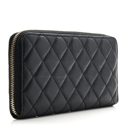 Chanel Aged Calfskin Quilted Lucky Charms 2.55 Reissue Zip Around Long Wallet Black 3 of 9