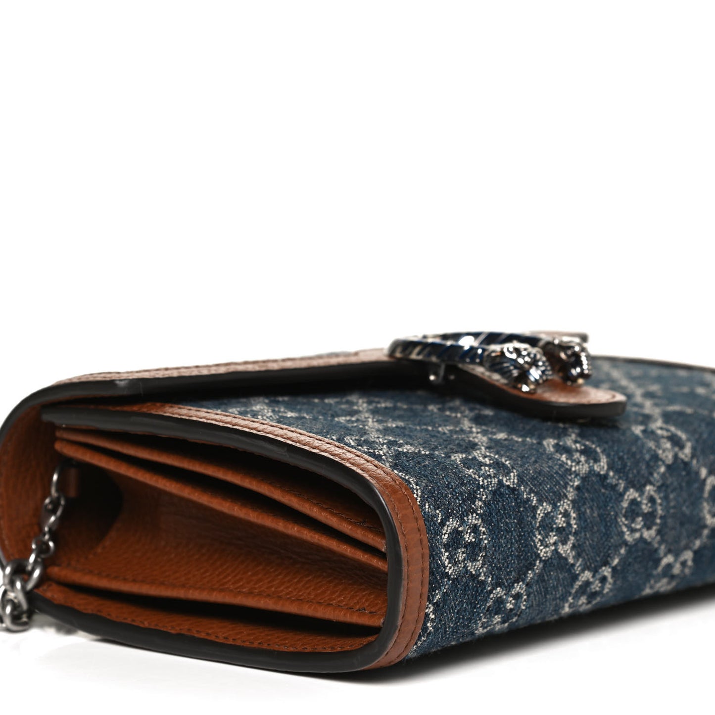 New Denim GG Monogram Dollar Calfskin Enamel Mini Dionysus Chain Wallet Blue Tea Cuir Epilog Electric Blue