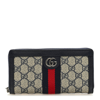 Gucci GG Supreme Monogram Textured Dollar Calfskin Web Ophidia Zip Around Wallet Beige Blue 1 of 6