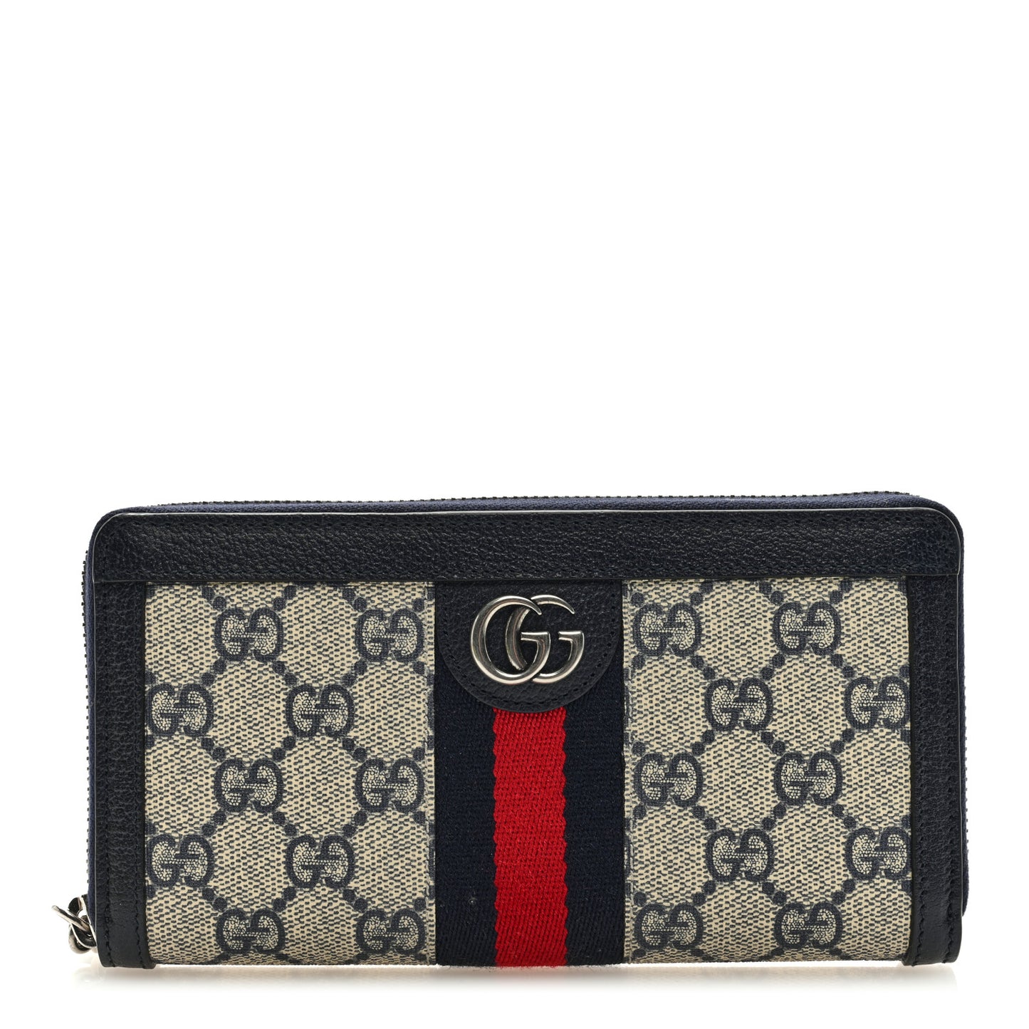 GG Supreme Monogram Textured Dollar Calfskin Web Ophidia Zip Around Wallet Beige Blue