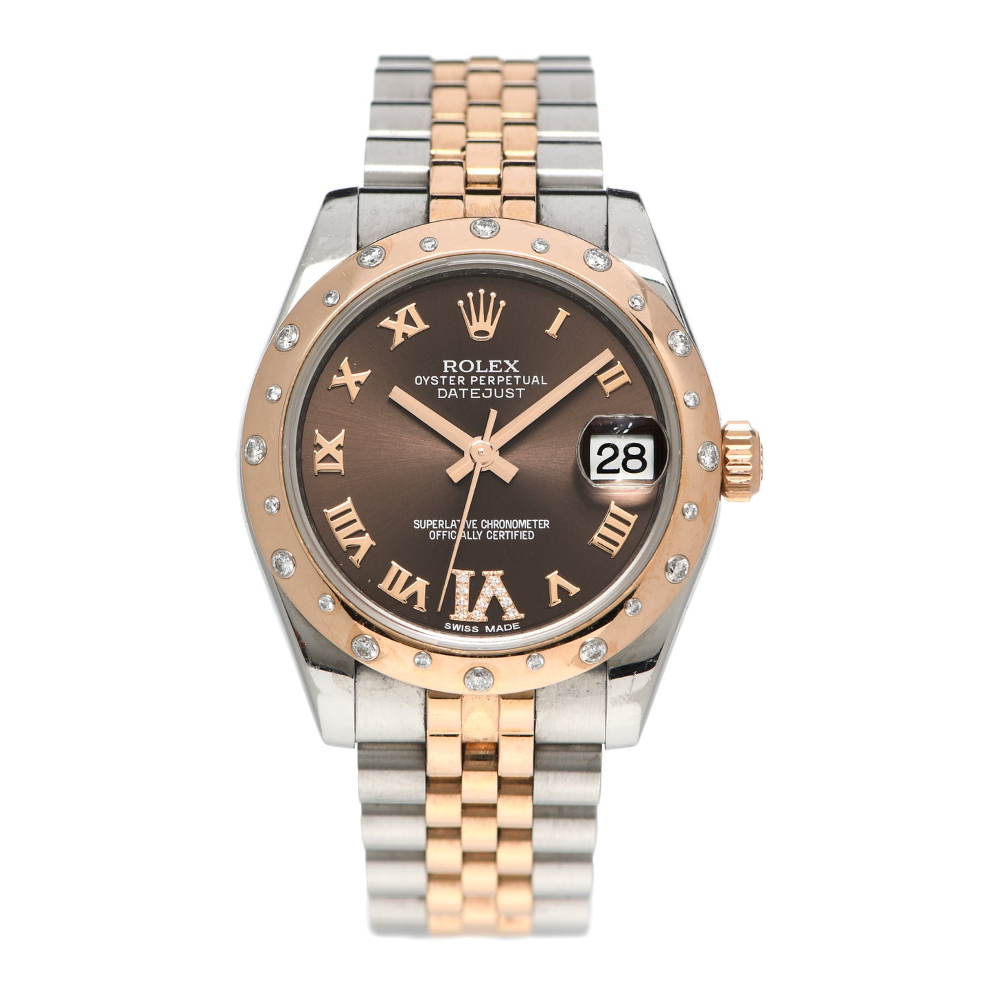 Stainless Steel 18K Everose Gold Diamond 31mm Oyster Perpetual Datejust Watch Chocolate Roman 178341