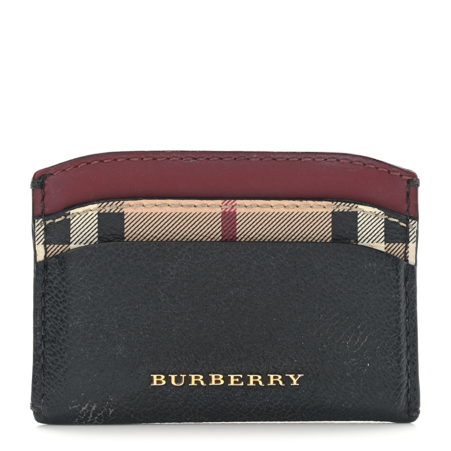 Burberry Calfskin Horseferry Check Izzy Card Case Black Burgundy 1 of 7