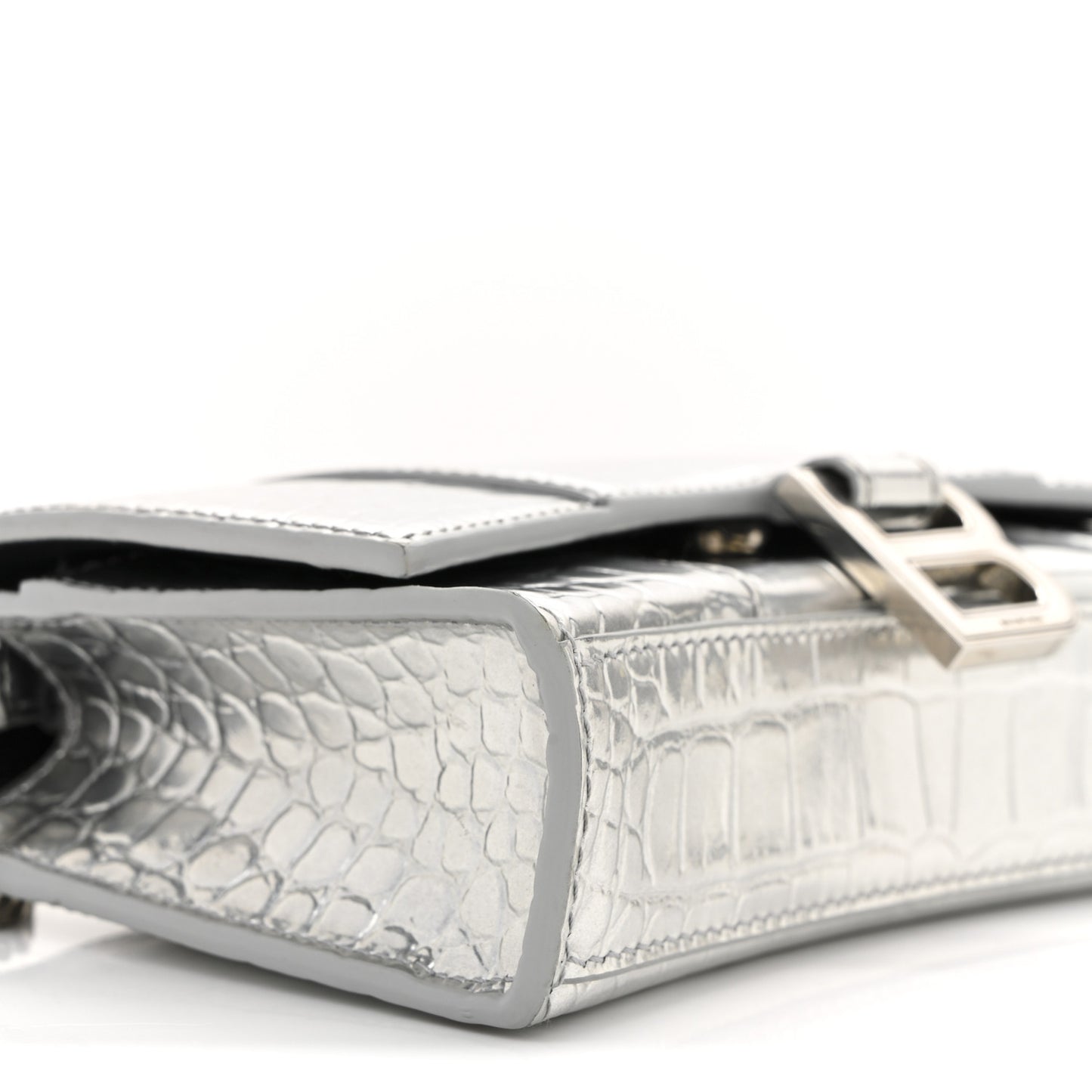 Metallic Calfskin Crocodile Embossed Hourglass Chain Bag Silver