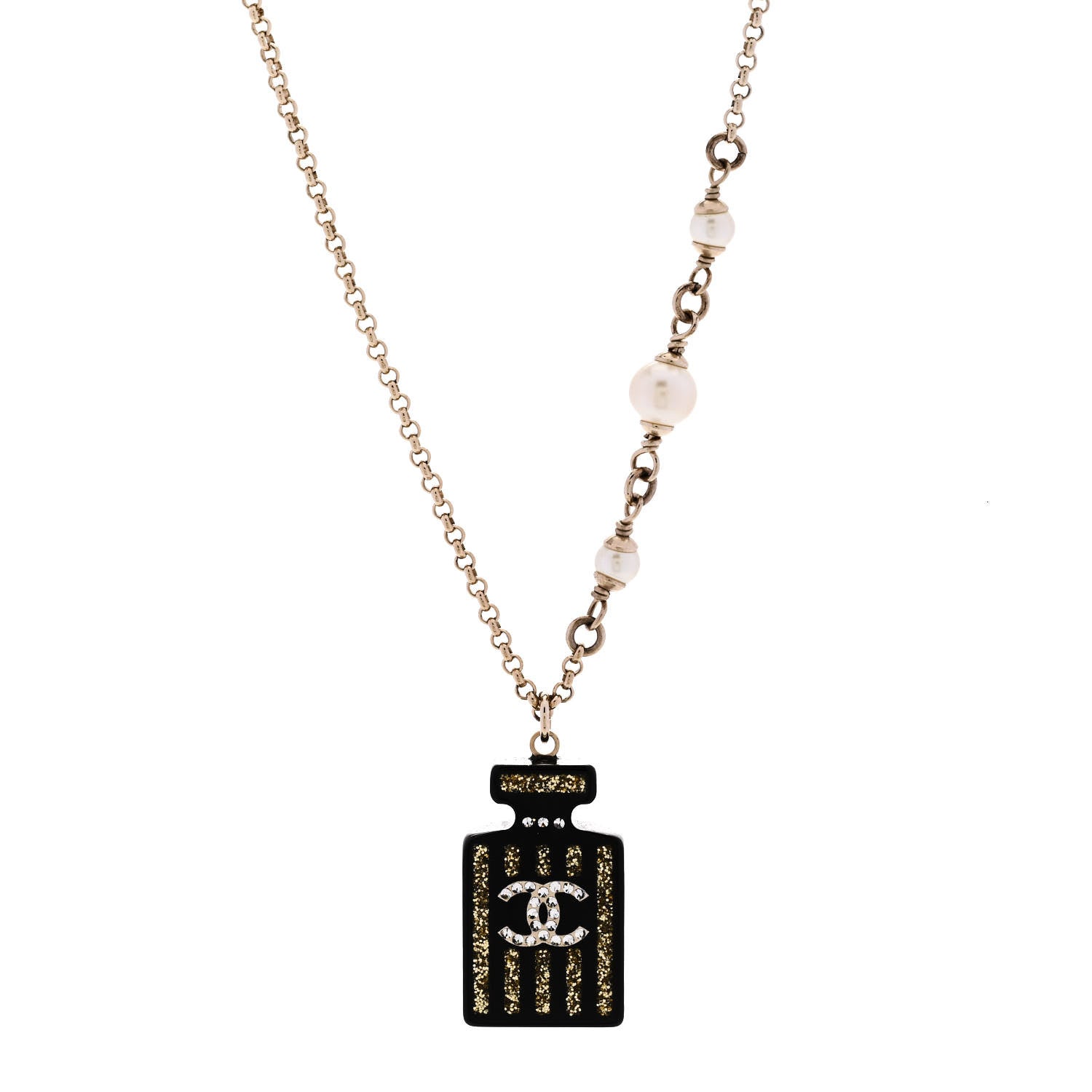 Chanel Pearl Resin Strass Perfume Bottle CC Necklace Black Gold 1 of 5