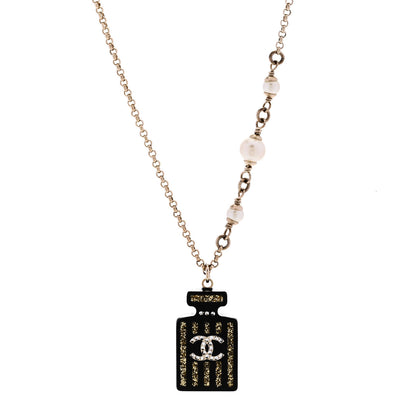 Chanel Pearl Resin Strass Perfume Bottle CC Necklace Black Gold 1 of 5