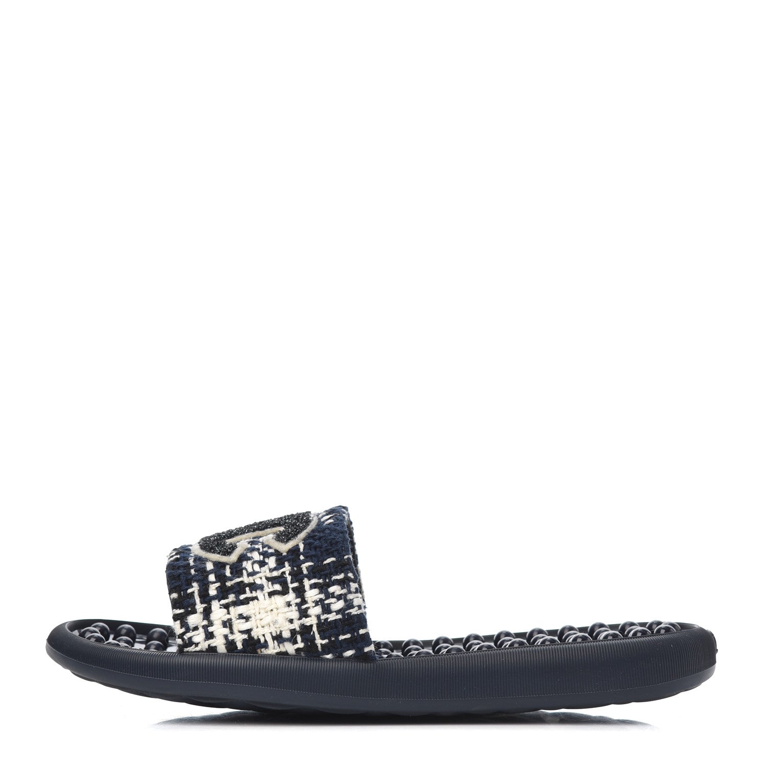 Chanel Tweed Rubber CC Flat Mules 36 Navy 1 of 14