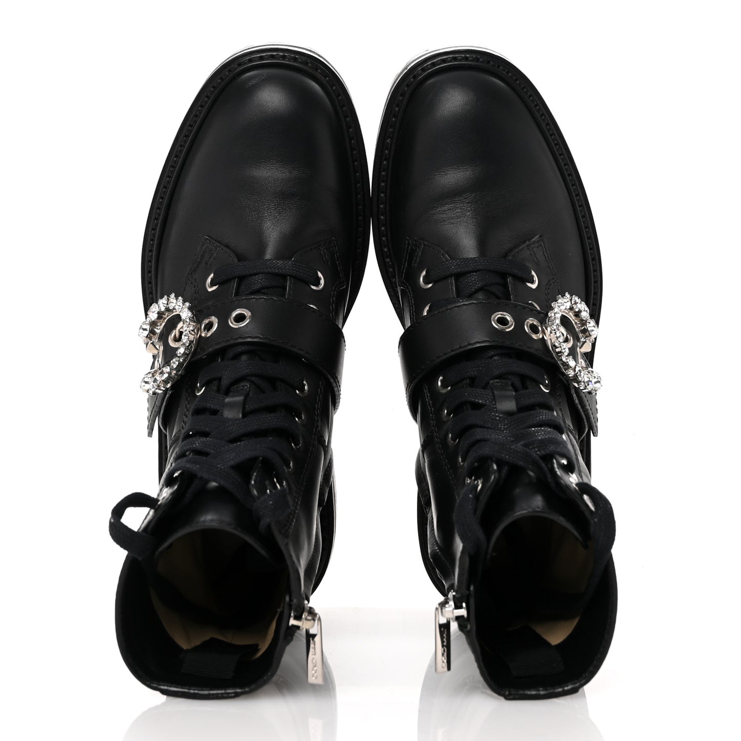 Calfskin Crystal Embellished Cora Flat Combat Boots 36 Black